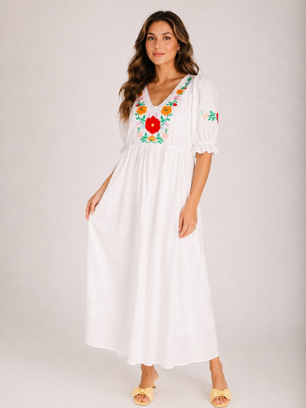 Urban Outfitters White Embroidered Boho Maxi Dress Floral Smocked 100% Cotton - Picture 10 of 16